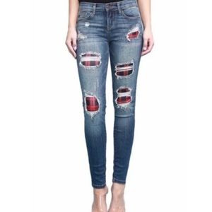 Judy Blue skinny fit distressed red plaid flannel patch jeans size 29